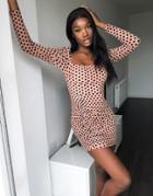 Naanaa Polka Dot Square Neck Bodyon Dress In Beige-neutral