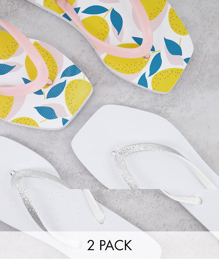 Truffle Collection Wide Fit Square Toe Flip Flop 2 Pack In White And Print-multi