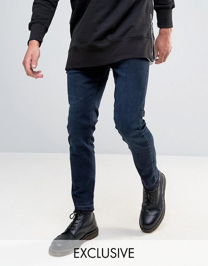 Mennace Slim Fit Cropped Jeans With Raw Hem In Indigo - Black