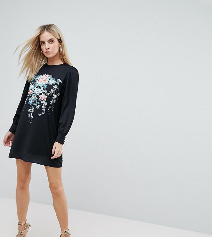 Fashion Union Petite Puff Sleeve Mini Dress With Floral Print - Black