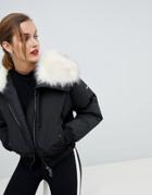 Emporio Armani Cropped Padded Jacket With Faux Fur Hood - Black
