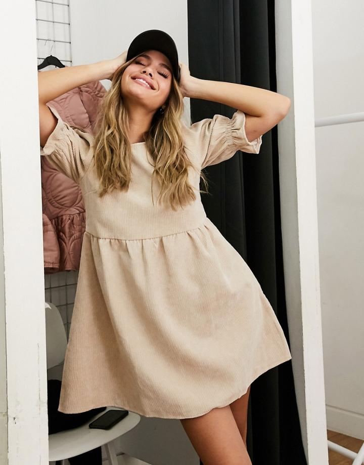 Missguided Oversized Cord Smock Dress With Ruffle Sleeves In Stone-neutral