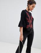 Qed London Embroidered Top With Frill Sleeve - Black