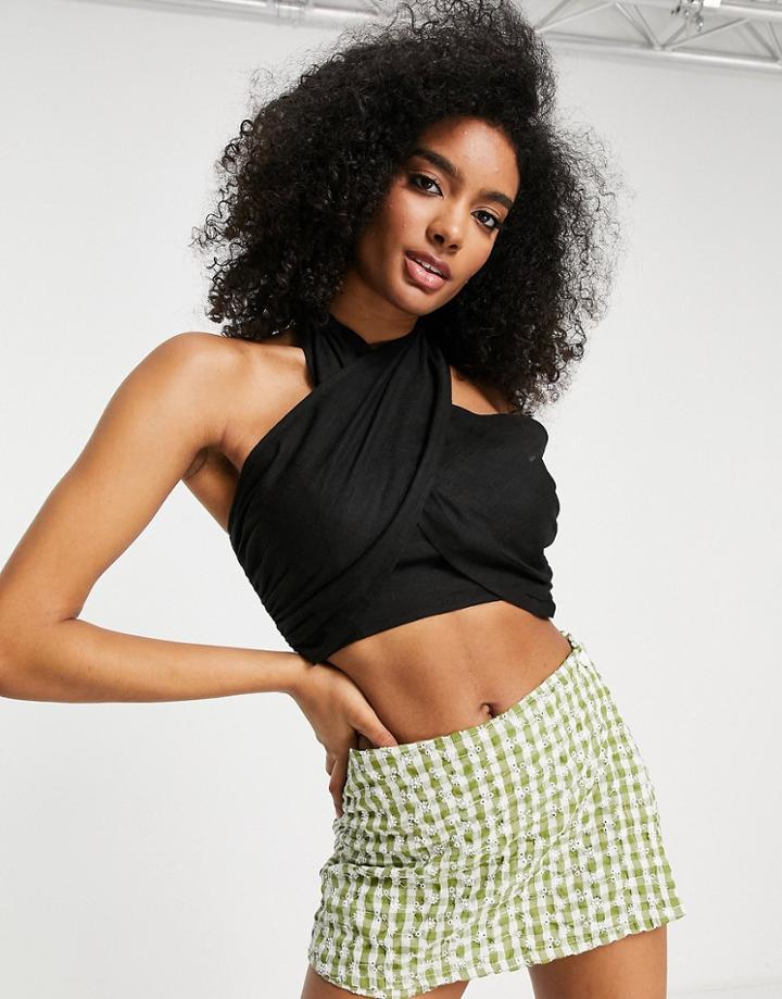 Asos Design Natural Crinkle Halter Top With Shirred Waist In Black