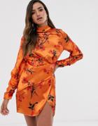 Asos Design Long Sleeve Mini Dress In Satin With Drape Detail In Blossom Floral Print - Multi