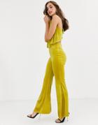 John Zack Velvet Wide Leg Pants In Lime-yellow