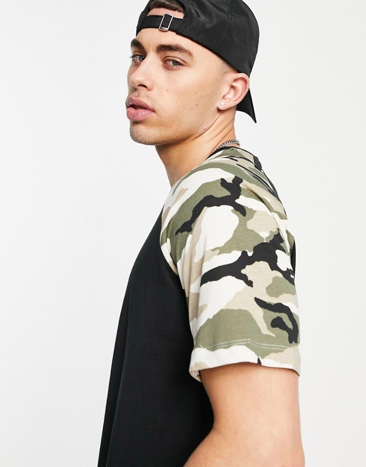 Jack & Jones Originals Longline Raglan T-shirt In Black & Camo