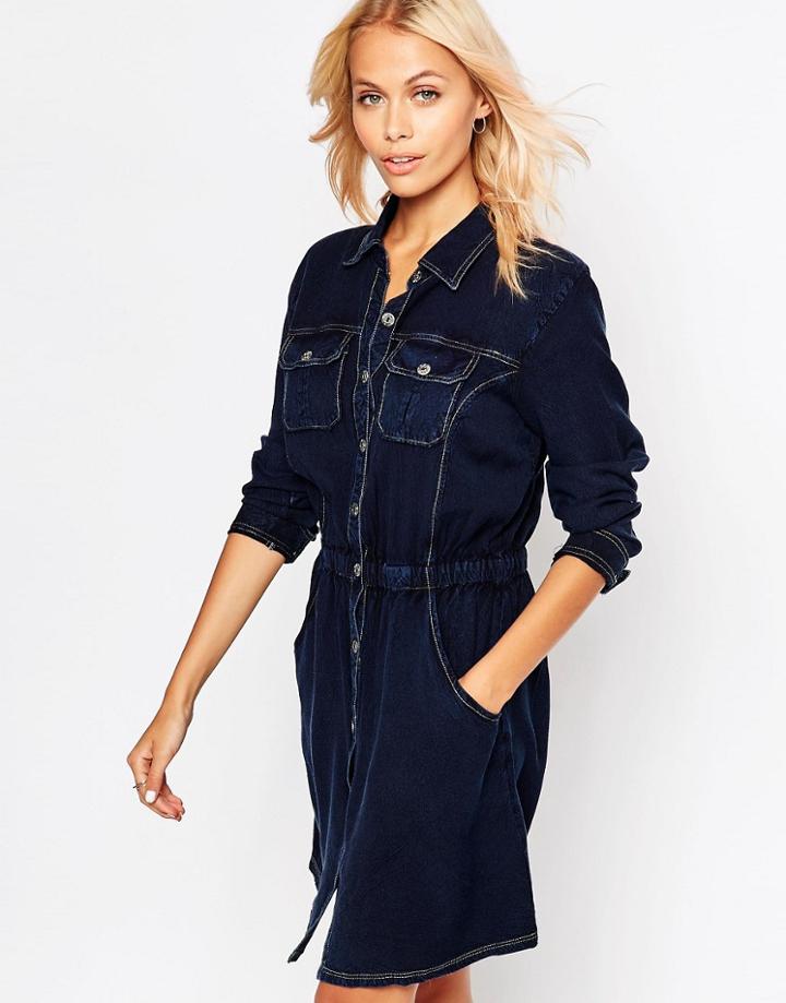 Brave Soul Long Sleeve Denim Shirt Dress - Dark Denim