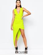 Naanaa Plunge Neck Sleeveless Pencil Dress With Asymmetric Wrap Skirt - Lime Green