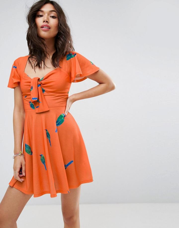 Asos Bow Front Mini Skater Dress In Parrot Print - Multi