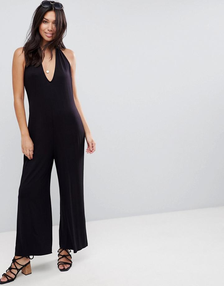 Asos Jersey Jumpsuit With Halterneck And Plunge Detail - Black