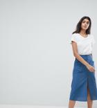 Asos Design Tall Full Midi Skirt With Button Front - Blue