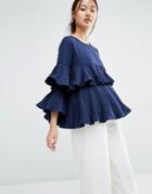 Zacro Layered Pleated Ruffle Blouse - Navy