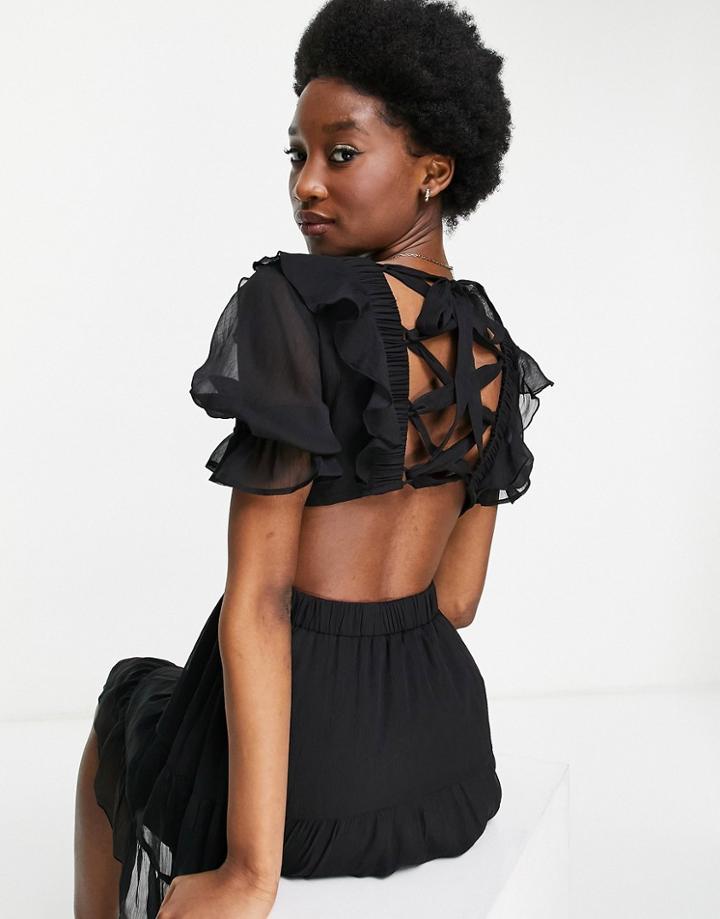 Asos Design Mini Tea Dress In Chiffon With Tiered Skirt And Lace Up Back-black