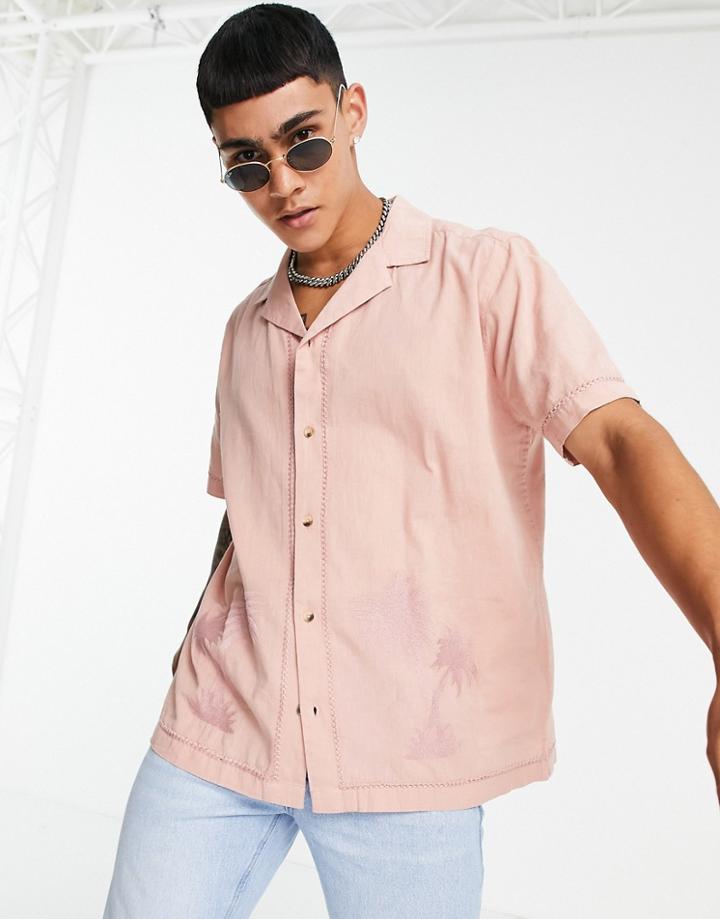 Asos Design Regular Revere Linen Look Shirt In Dusty Pink With Tonal Palm Embroidery
