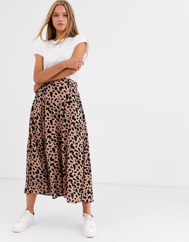 Asos Design Floaty Midi Skirt With Button Waist Detail In Leopard Print-multi
