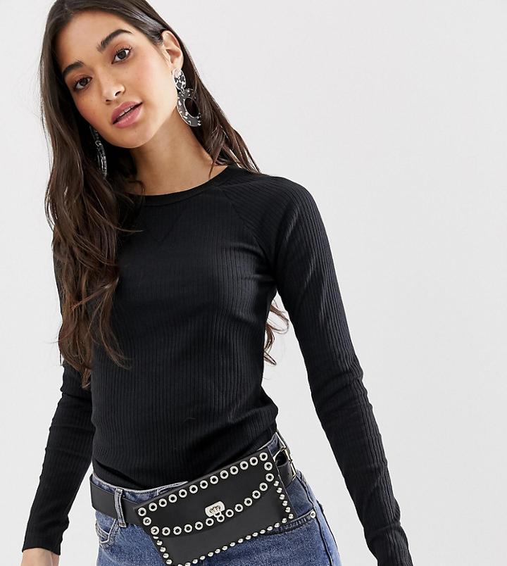 Brave Soul Petite Selina Long Sleeve Top In Rib - Black