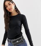 Brave Soul Petite Selina Long Sleeve Top In Rib - Black