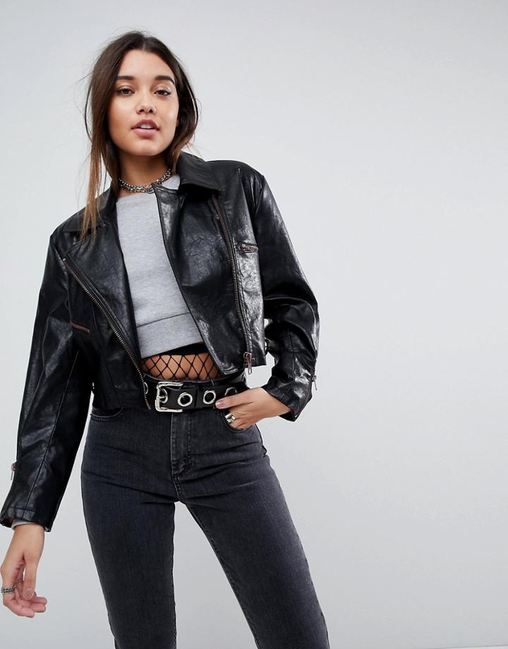 Asos Cropped Leather Look 80's Biker Jacket - Black