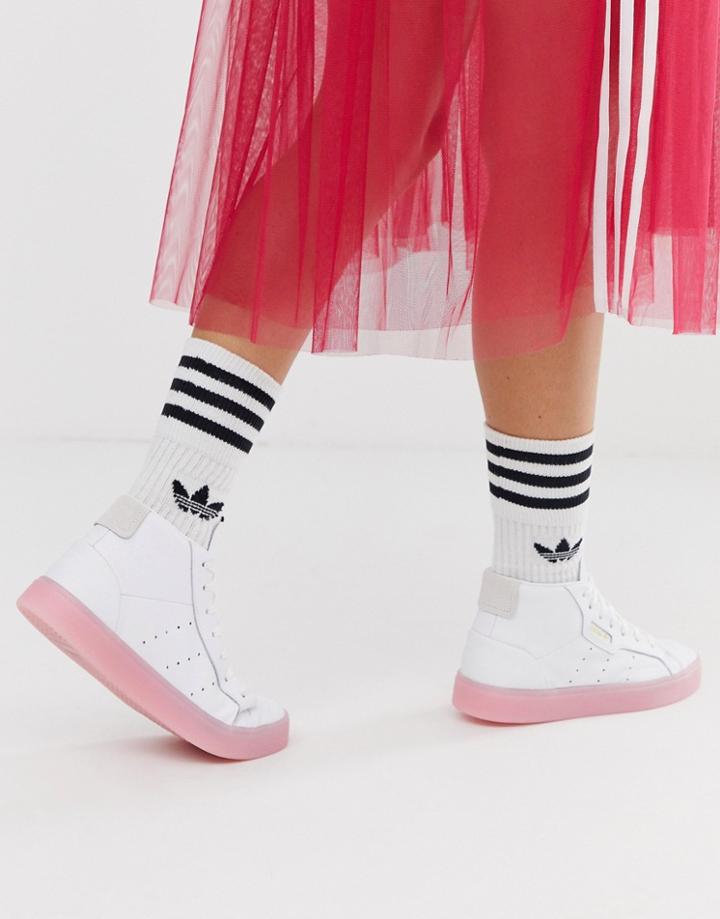 Adidas Originals Sleek Mid Top Sneaker In White And Pink - White