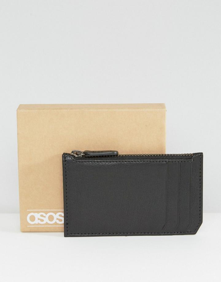 Asos Leather Zip Top Card Holder In Black - Black