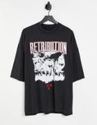 Asos Design Oversized T-shirt In Washed Black Organic Cotton Blend With 'retribution' And Wolf Print
