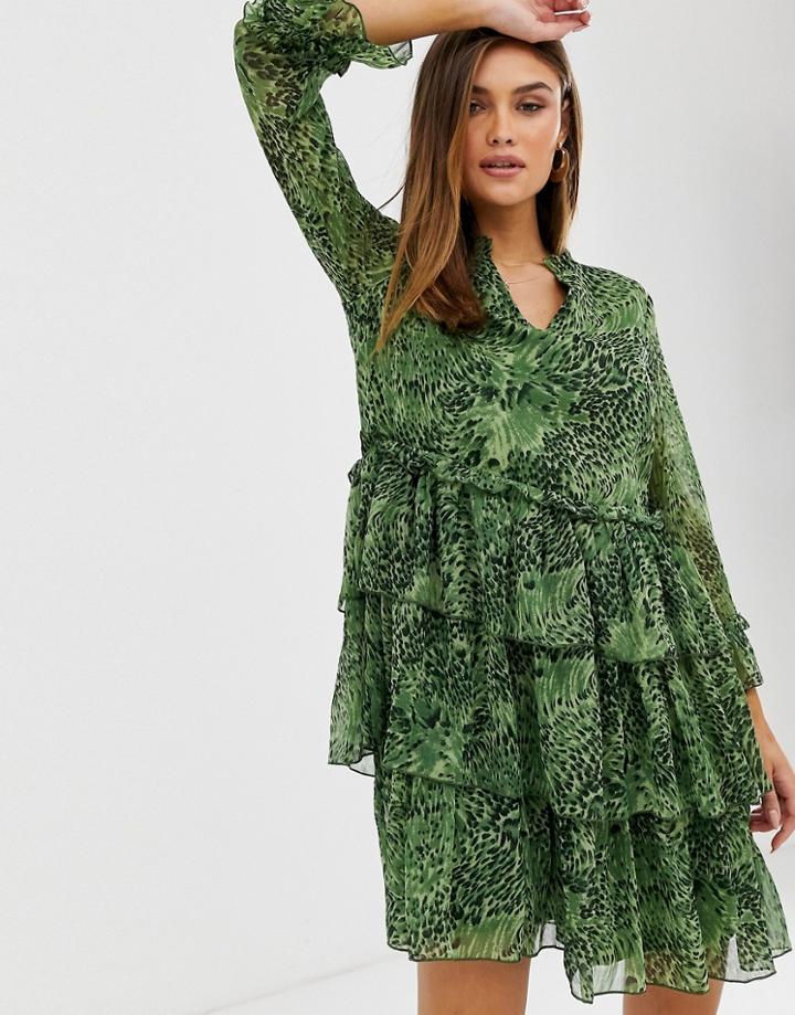 Y.a.s High Neck Animal Print Ruffle Mini Dress-green