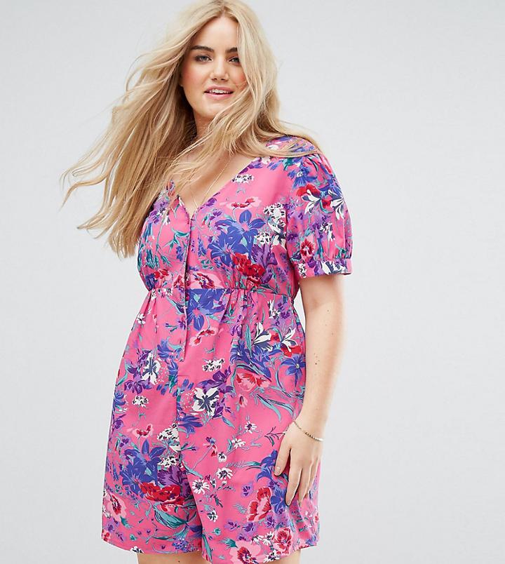 Asos Curve Button Down Tea Romper In Bright Floral Print - Multi