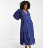 Asos Design Curve Pleated Batwing Midi Dress In Chevron Texture In Navy