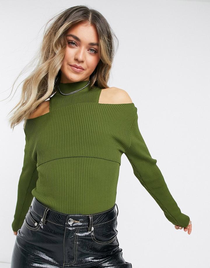 Topshop Cut Out Detail Sweater In Khaki-green