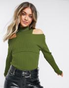 Topshop Cut Out Detail Sweater In Khaki-green