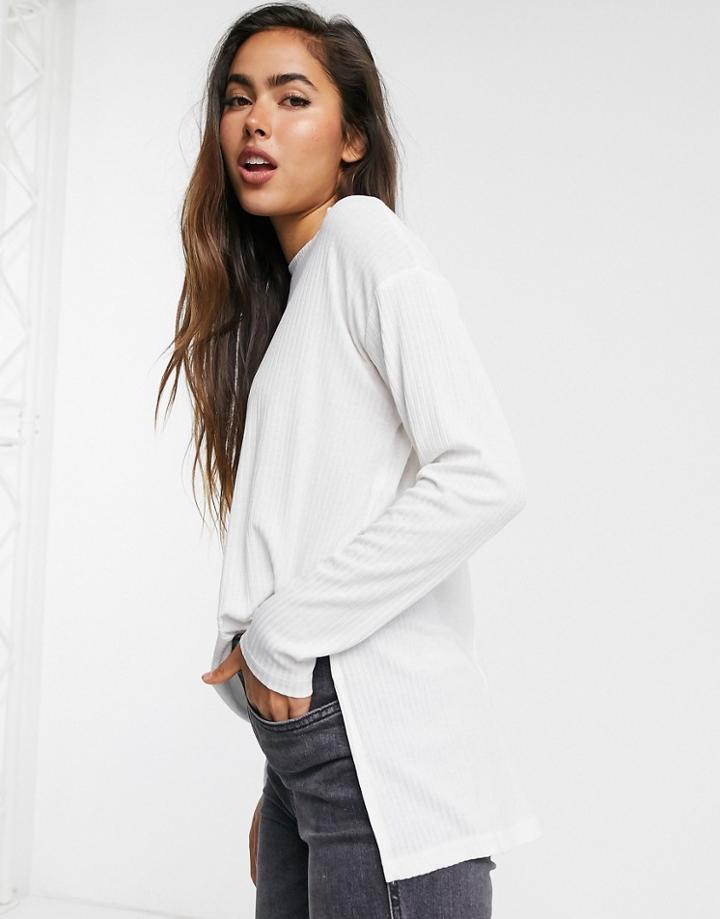 Asos Design Top With Side Splits And Long Sleeve In Clean Rib In White
