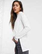 Asos Design Top With Side Splits And Long Sleeve In Clean Rib In White