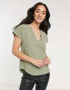 Asos Design V Neck Woven Top In Khaki-green