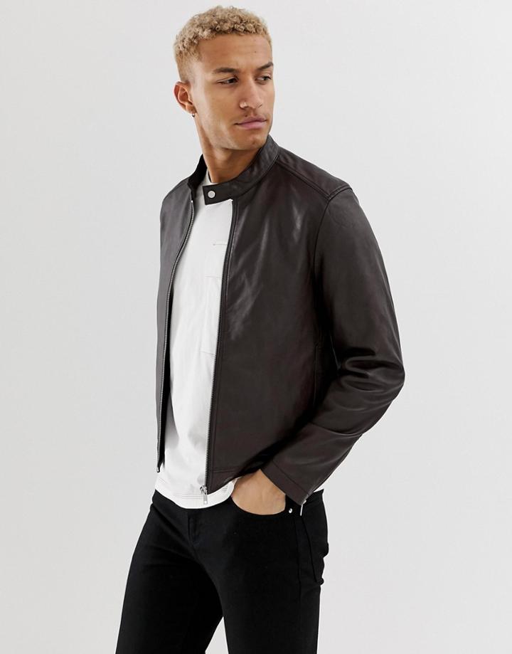 Asos Design Leather Racing Biker Jacket In Brown - Brown