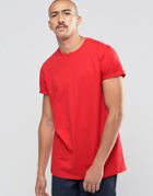 Asos Longline T-shirt With Roll Sleeve In Red - High Risk Red