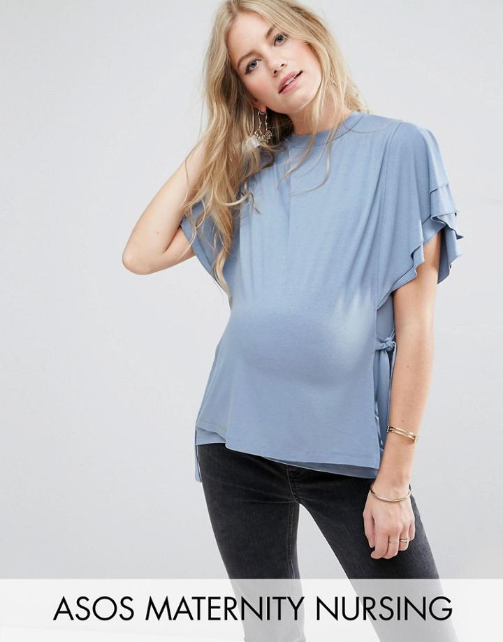 Asos Maternity Nursing T-shirt With Flutter Sleeve And Tie Sides - Blue