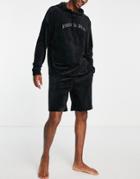 Asos Design Essentialwear Lounge Velour Hoodie And Short Set-black