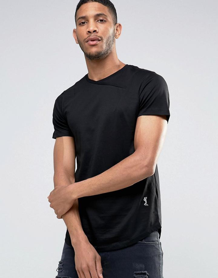 Religion Curved Hem T-shirt With Cross Over Neck Detail - Black