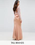 City Goddess Tall Fishtail Maxi Dress With Lace Sleeves And Bow Back - Pink