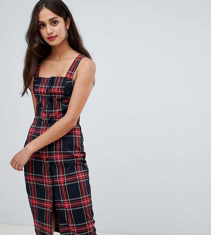 Bershka Button Front Check Midi Dress-red