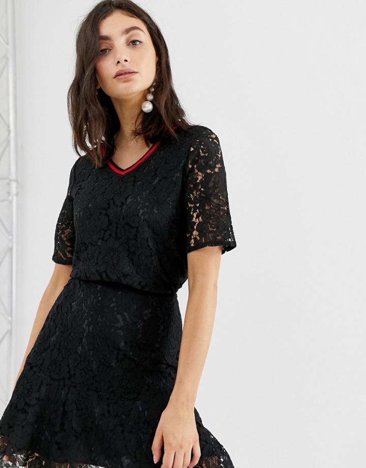 Unique21 Lace Neck Top With Red Ribbon Trim-navy