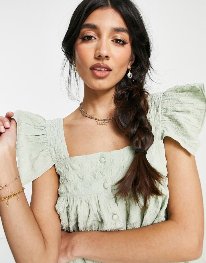 Asos Design Puff Textured Button Through Ruffle Sun Top In Sage-no Color