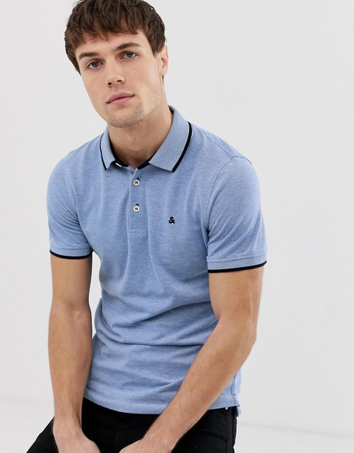 Jack & Jones Essentials Slim Fit Tipped Pique Logo Polo In Blue