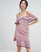 Love Triangle Lace Cold Shoudler Midi Dress With Contrast Trim - Pink