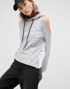Daisy Street Cut Off Hoodie With Distressed Cold Shoulder - Gray