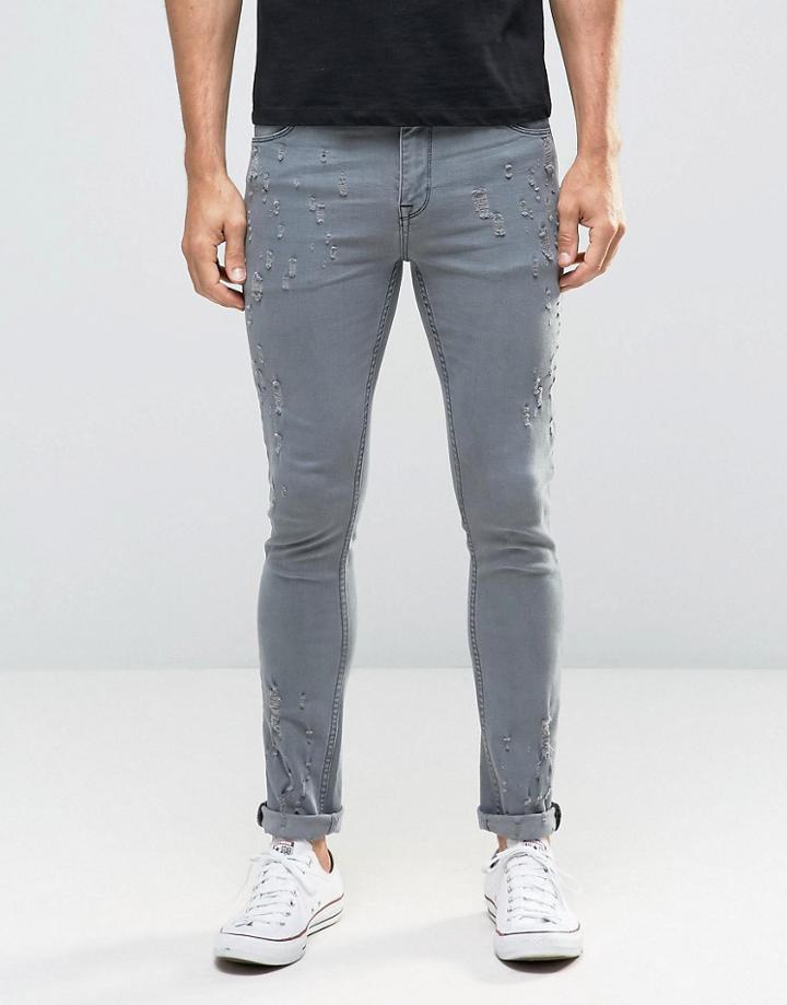 Asos Super Skinny Jeans With Rips And Distressing In Grey - Gray
