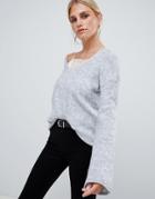 Sisley Flared Sleeve V Neck Knit Sweater In Gray - Gray