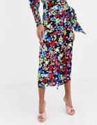Never Fully Dressed Wrap Satin Midi Skirt In Neon Floral Print-cream
