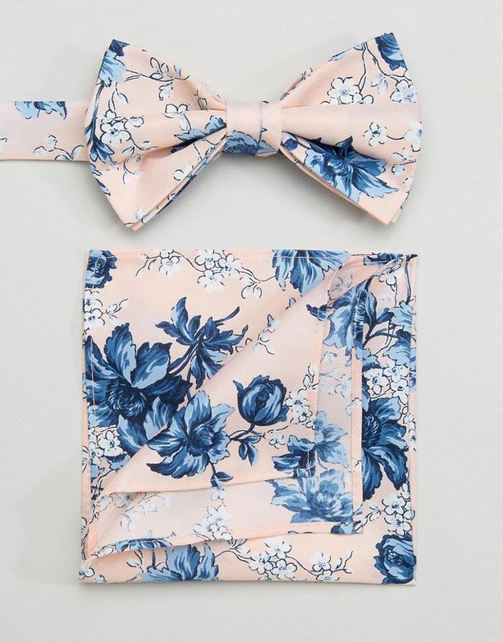 Asos Wedding Bow Tie & Pocket Square In Pink Floral Print - Pink